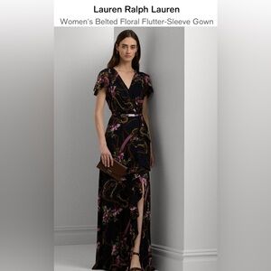 Lauren Ralph Lauren Women's Black Floral Flutter-Sleeve Gown, size 12